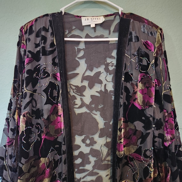 JR Nites Vtg Floral Shell Blouse Fringe Velvet Burnout Dark Fairy Whimsigoth L - Picture 3 of 13